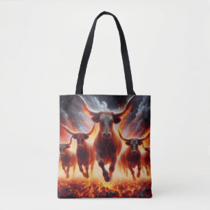 Tote Bag Taureaux chargeant à travers un paysage enflammé