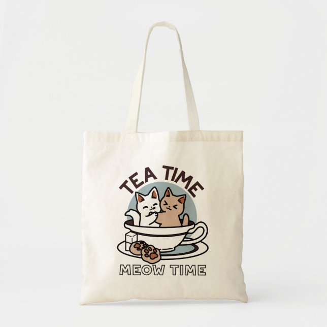 Tote Bag Tea Time Meow Time - Cute Cat and Tea Design (Devant)