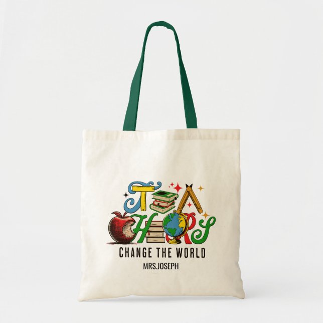 Tote Bag Teacher Change The World Colorful School (Devant)