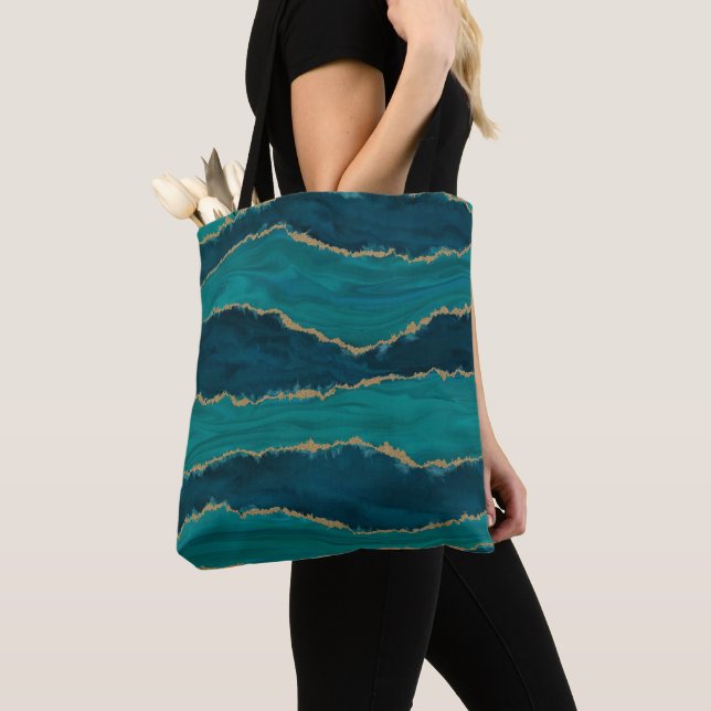 Tote Bag Teal Agate Waves – Abstract Marble with Gold (De près)