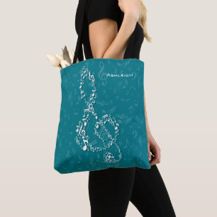 Tote Bag Teal and White Treble Clef Music Notes