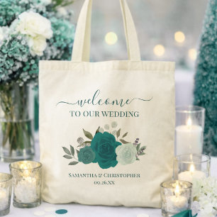 Tote Bag Teal & Aqua Boho Roses Mariage Élégant de Bienvenu
