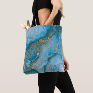 Tote Bag Teal et Or Abstrait Liquide Art à l'encre alcooliq