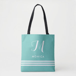 Tote Bag Teal et rayures et monogramme sophistiqués blancs