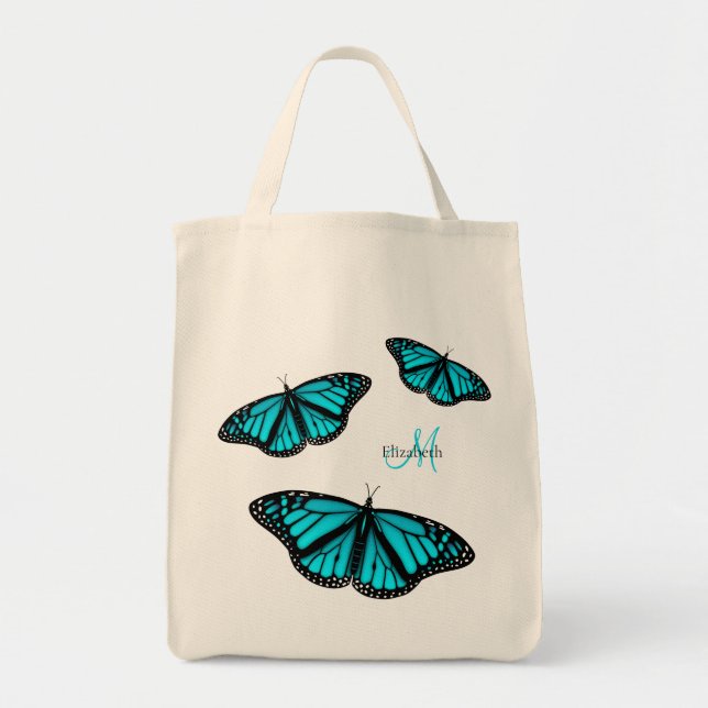 Tote Bag teal turquoise butterflies personalized (Devant)
