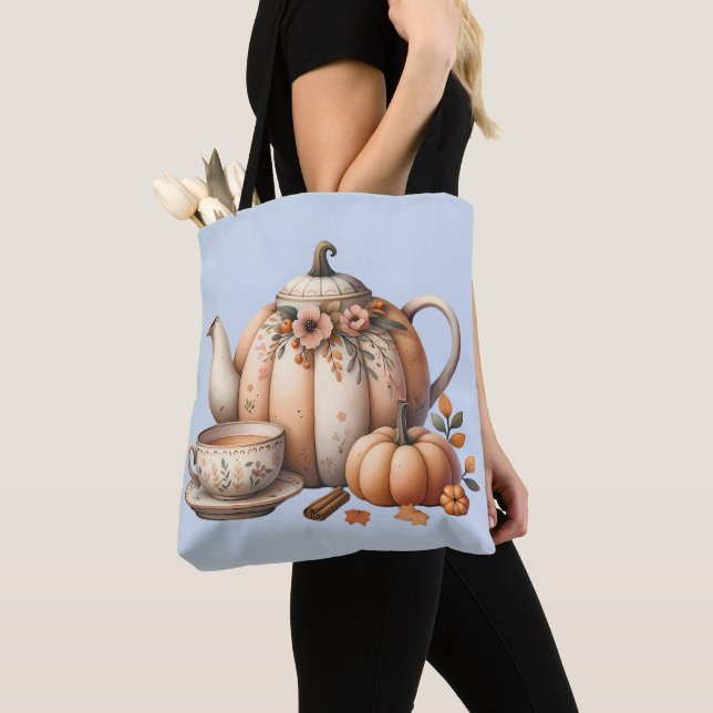 Tote Bag Teapot citrouille avec fleurs d'automne (De près)