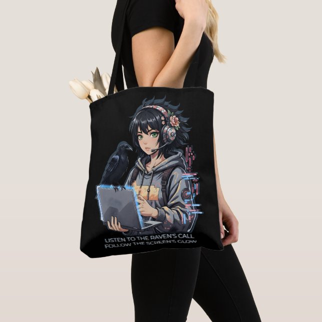 Tote Bag Techno-fille avec corbeau et ordinateur portable (De près)