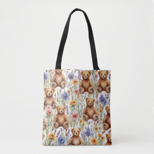 Tote Bag Teddies Cartoon mignonnes avec Fleurs Aquarelles (Devant)