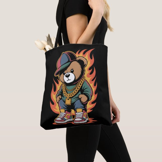 Tote Bag Teddy Bear in Hip-Hop Style with Gold Chains (De près)