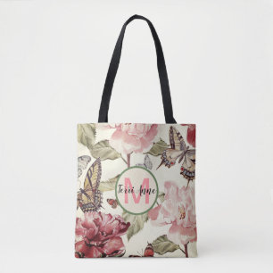 Tote Bag Teinte de papillons et de pivoines w/Vintage avec