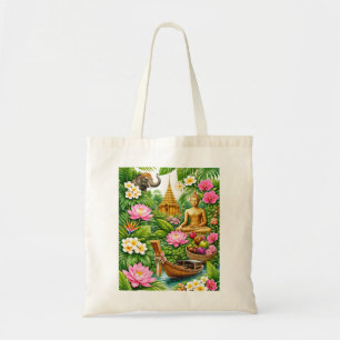 Tote Bag Temple Tropical Thaïlandais, Eléphant, Bouddha & L