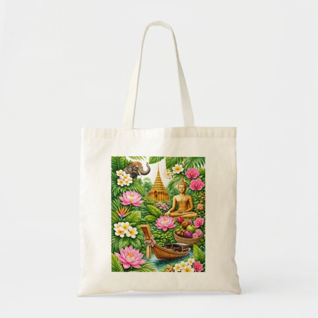 Tote Bag Temple Tropical Thaïlandais, Eléphant, Bouddha & L (Devant)