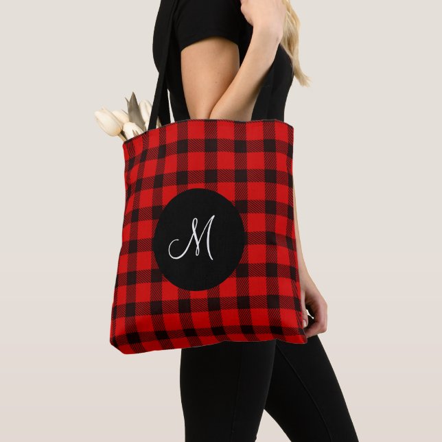 Tote Bag Tendance Buffalo Rouge Carreaux Noir monogramme (De près)