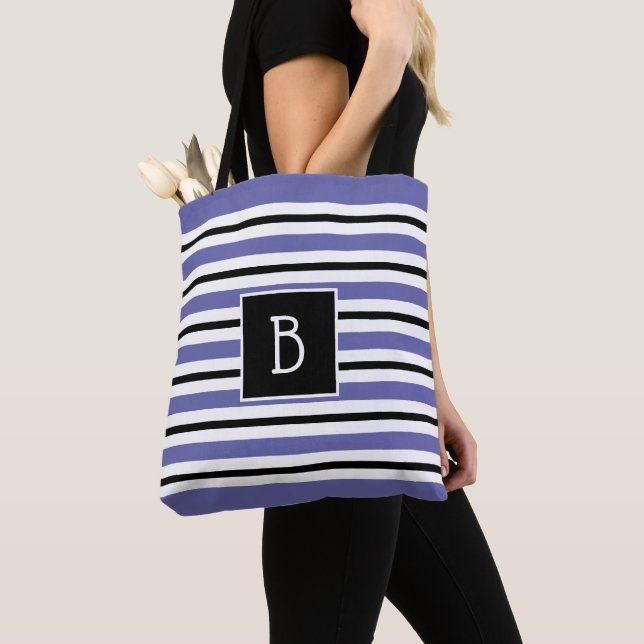 Tote Bag Tendance Monogramme Bleu Pervenche Noir Rayure (De près)