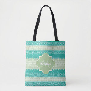 Tote Bag Tendance Teal Neo Vert Menthe Motif Tricoté et Nom