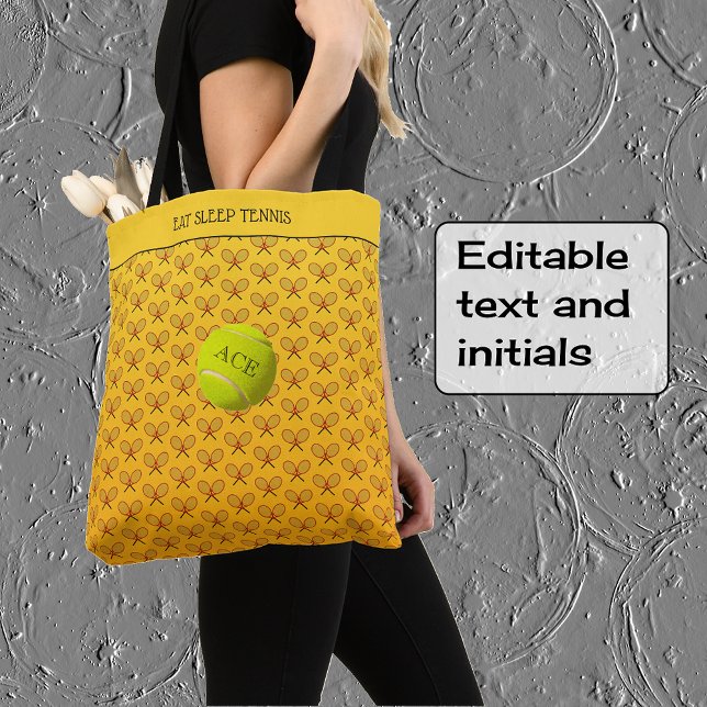 Tote Bag Tennis texte personnalisé à motif orange jaune (Pattern print on both sides; text on the front)