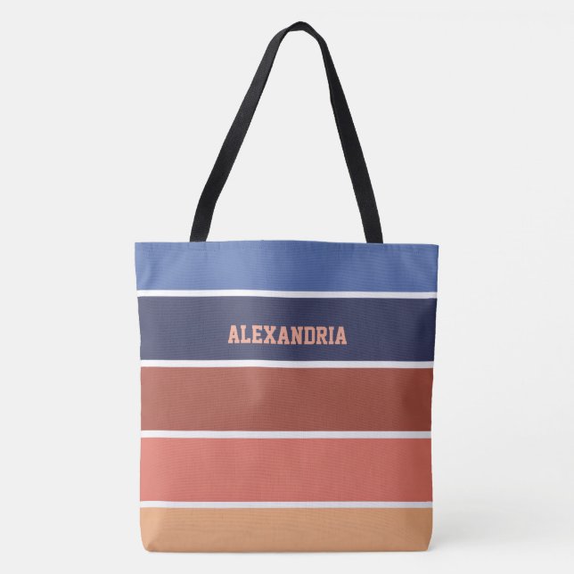 Tote Bag Terra Cotta & Blue Stripes Personalized (Devant)