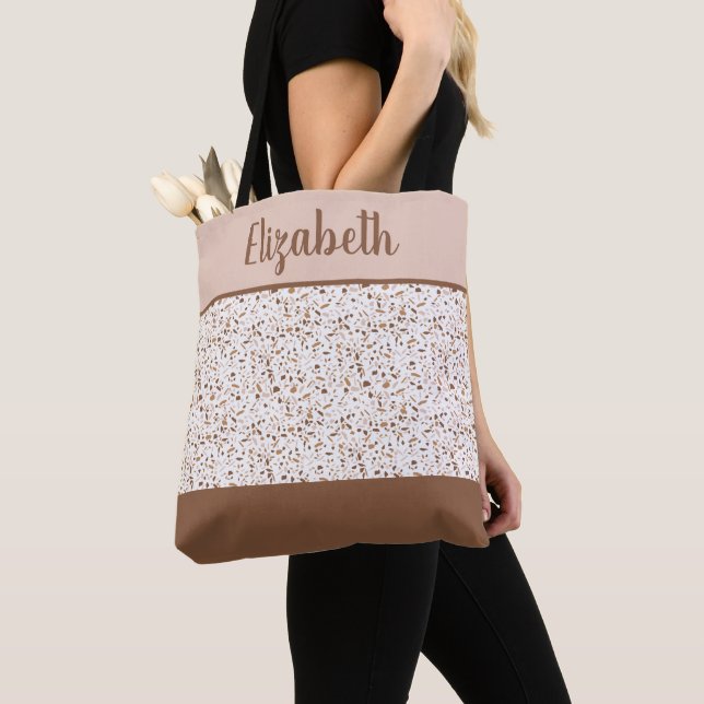 Tote Bag Terrazzo Marron et Beige et Blanc Abstrait  (De près)