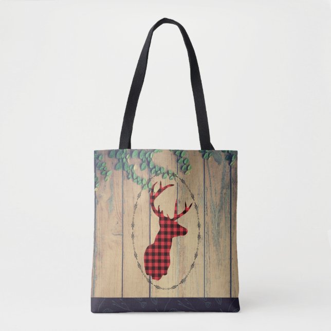 Tote Bag Tête de cerf avec Antlers - Red Plaid Rustic (Devant)