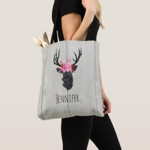 Tote Bag Tête de cerf géométrique avec couronne florale