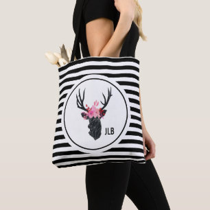 Tote Bag Tête de cerf géométrique avec couronne florale