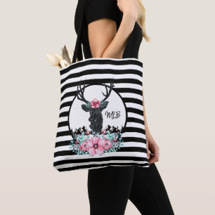 Tote Bag Tête de cerf noir avec Fleurs et Montagnes roses