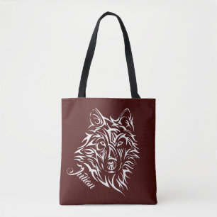 Tote Bag Tête de loup blanc sur nom personnel rouge sang