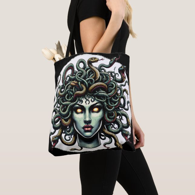 Tote Bag Tête de Méduse verte pensive pleine de Serpents (De près)