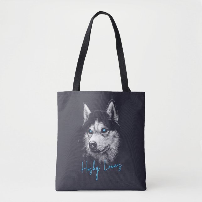 Tote Bag Tête de portrait Husky Sibérien Avec Yeux Bleus (Devant)
