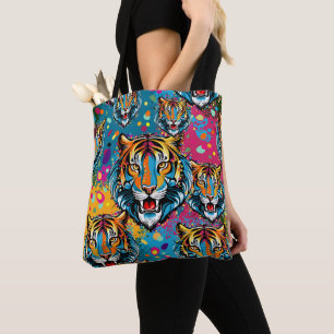 Tote Bag Tête de tigre couleurs arc-en-ciel peinture taches