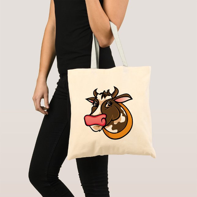 Tote Bag Tête de vache Brown joueuse avec nez rose (Créateur téléchargé)