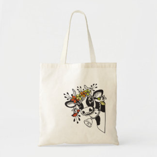 Tote Bag Tête de vache drôle avec des fleurs