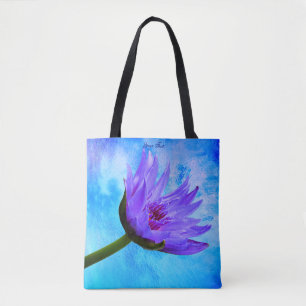 Tote Bag Texte bleu pourpre de carré tropical de paradis