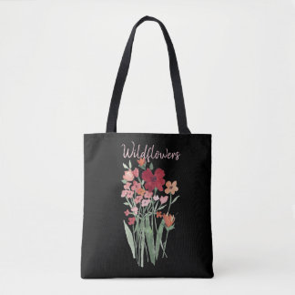 Tote Bag Texte Fleurs Sauvages Rouges et Roses