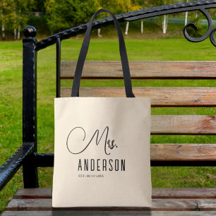 Tote Bag texte mrs avec nom de famille personnalisé et date