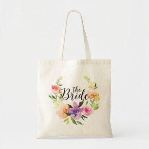 Tote Bag Texte noir de la mariée et couronne d'aquarelle co