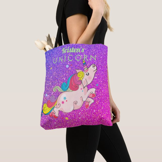 Tote Bag Texte personnalisé/ Arc en ciel Kawaii Unicorn Par (De près)