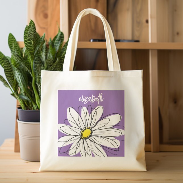 Tote Bag Texte personnalisé marguerite mauve et jaune (Personalized tote bag - whimsical daisy and name)