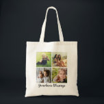 Tote Bag Texte Personnalisé, Quatre Collages De Photos,<br><div class="desc">Un sac fourre-tout mignon avec quatre de vos photos préférées et une seule ligne de votre texte.   Ajoutez vos photos et votre texte en utilisant le formulaire modèle.  La fonction "customiser plus loin" peut être utilisée pour changer la police,  le style,  les couleurs et la disposition.</div>