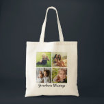 Tote Bag Texte Personnalisé, Quatre Collages De Photos,<br><div class="desc">Un sac fourre-tout mignon avec quatre de vos photos préférées et une seule ligne de votre texte.   Ajoutez vos photos et votre texte en utilisant le formulaire modèle.  La fonction "customiser plus loin" peut être utilisée pour changer la police,  le style,  les couleurs et la disposition.</div>