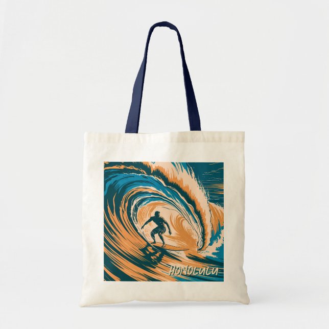 Tote Bag Texte Personnalisé Rétro Honolulu Hawaii Surfer Su (Devant)