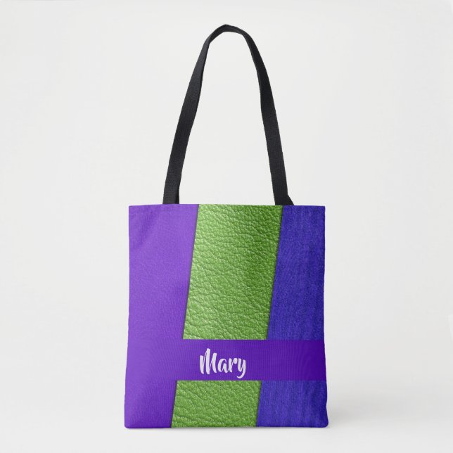 Tote Bag Textile en cuir vert et violet (Devant)