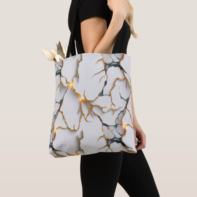 Tote Bag Texture de marbre blanc avec veines d'or lumineuse (De près)