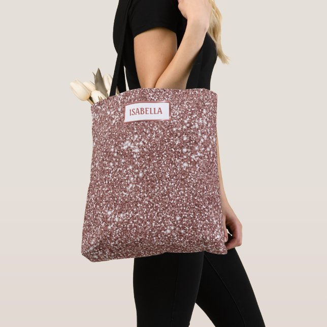 Tote Bag Texture de paillettes en faux or rose et nom perso (De près)