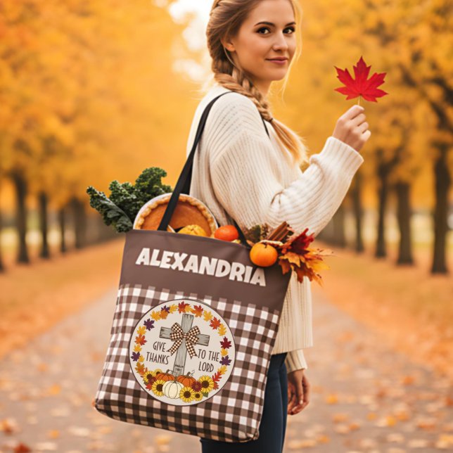 Tote Bag Thanksgiving Give Thanks To The Lord Brown Plaid (Créateur téléchargé)