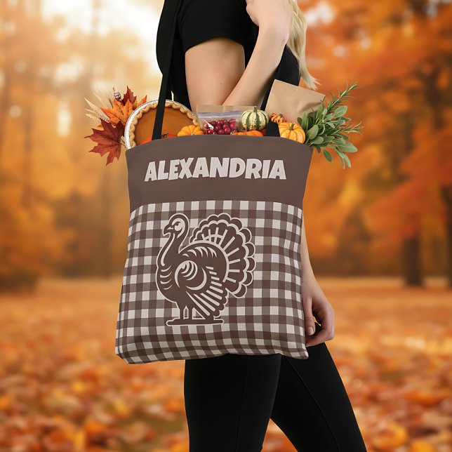 Tote Bag Thanksgiving Turkey Brown & Tan Plaid Name (Créateur téléchargé)