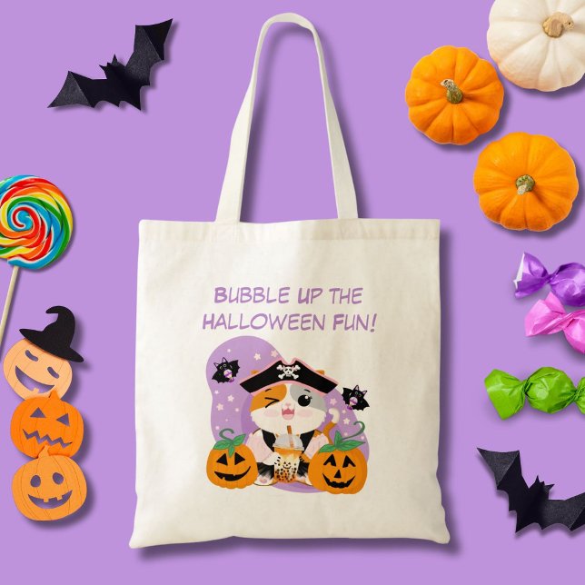 Tote Bag Thé de bulle avec Pirate Kawaii Chat Halloween Fun (Créateur téléchargé)