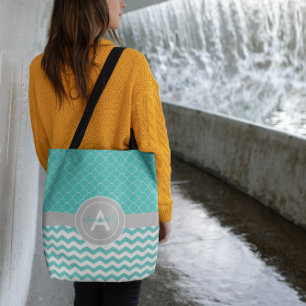 Tote Bag Thé vert gris chevron quatrefeuilles