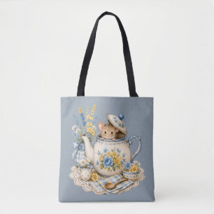 Tote Bag Théière Fantaisiste Souris Cottagecore Fleurs