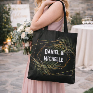 Tote Bag Thème botanique de mariage moderne or noir arqué